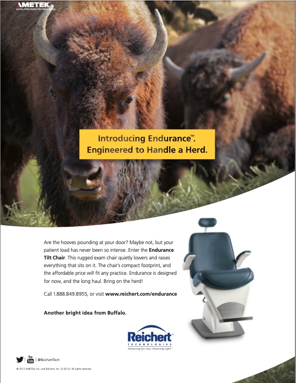 descriptive a head-on image of a Buffalo's face, and an inset of an examination chair. 